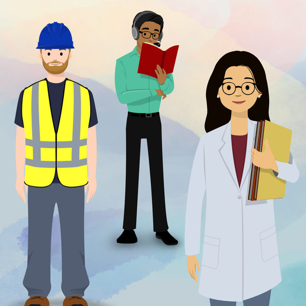 eLearning clipart of a construction worker, customer service support and medical staff. Storyline character/eLearning character download