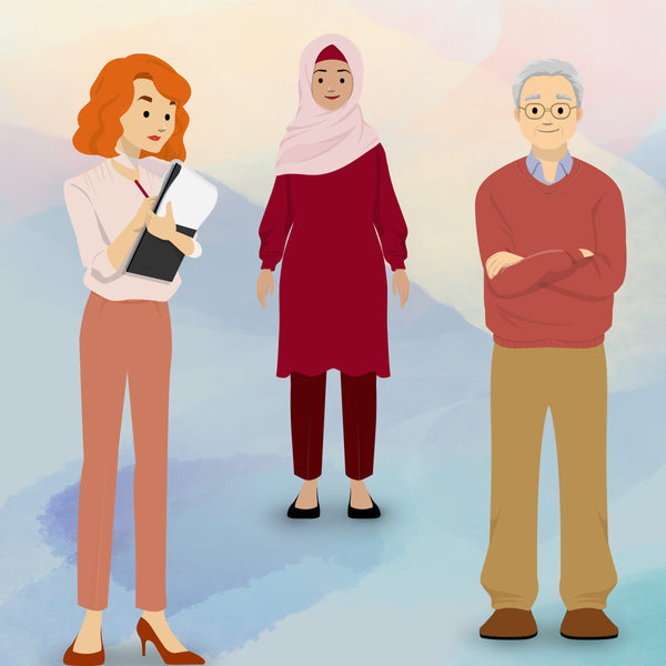 eLearning clipart of a businesswoman, a Muslim woman with hijab, and an elderly man. Storyline character/eLearning character download.