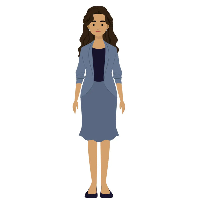 eLearning clipart of a woman wearing a blazer and skirt. It can be used in business, office, education, or other workplace settings. The character set comes in Storyline, SVG, PNG, and GIF formats.