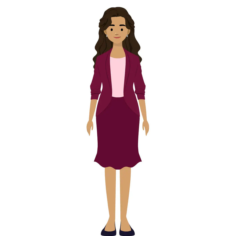 eLearning clipart of a woman wearing a blazer and skirt. It can be used in business, office, education, or other workplace settings. The character set comes in Storyline, SVG, PNG, and GIF formats.