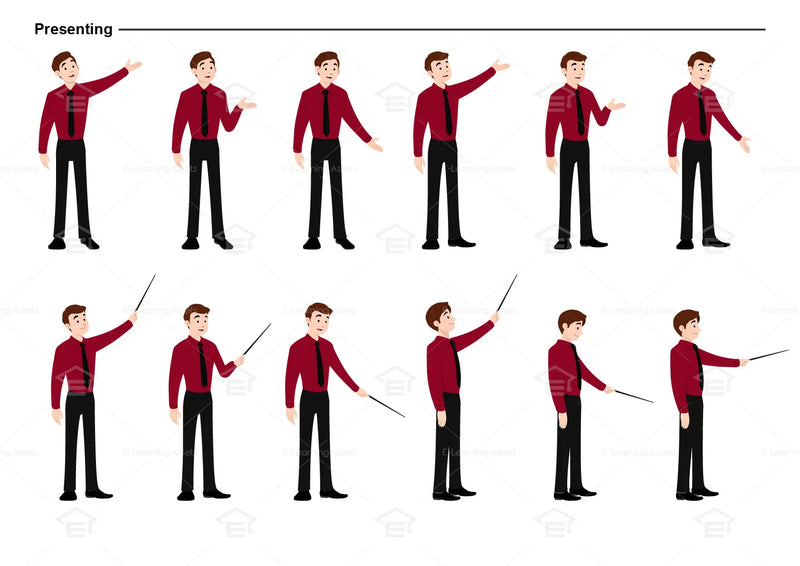 eLearning clipart of a man wearing long sleeve shirt and a tie. It can be used in business, office, and workplace settings.  This sheet shows the character displaying various poses for presenting.