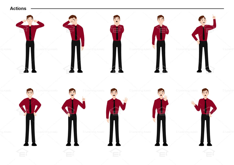 eLearning clipart of a man wearing long sleeve shirt and a tie. It can be used in business, office, and workplace settings.  This sheet shows the character doing various actions.