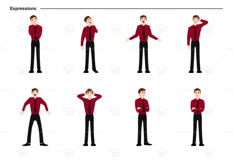 eLearning clipart of a man wearing long sleeve shirt and a tie. It can be used in business, office, and workplace settings.  This sheet shows the character displaying various expressions.