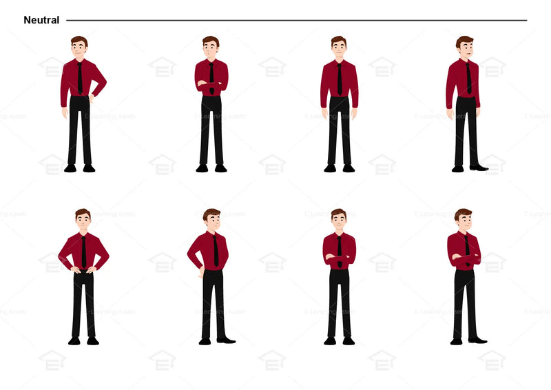 eLearning clipart of a man wearing long sleeve shirt and a tie. It can be used in business, office, and workplace settings.  This sheet shows the character in various neutral poses.
