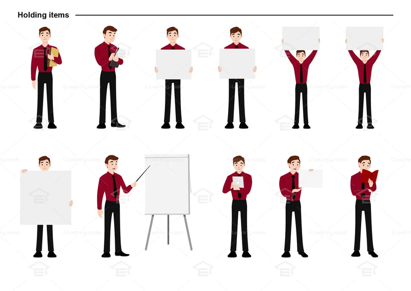 eLearning clipart of a man wearing long sleeve shirt and a tie. It can be used in business, office, and workplace settings.  This sheet shows the character in various poses holding different items.