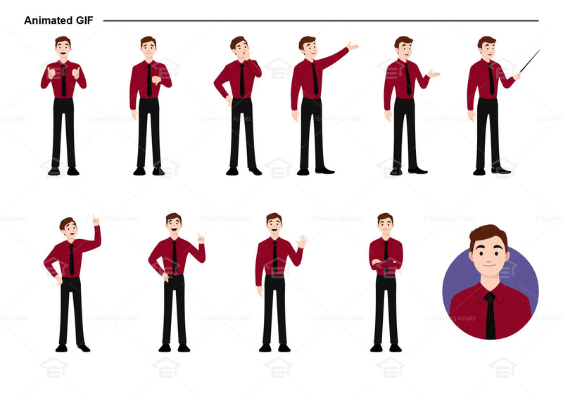 eLearning clipart of a man wearing long sleeve shirt and a tie. It can be used in business, office, and workplace settings.  This sheet shows animated poses: Thumb up, thumbs down, thinking, presenting, pointing, remembering, aha, waving, standing with folded arms, and transitioning colors.