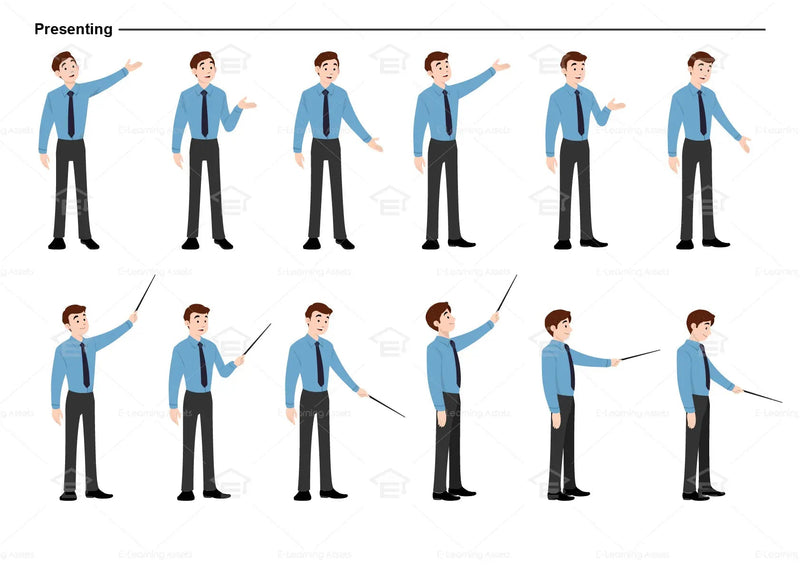 eLearning clipart of a man wearing long sleeve shirt and a tie. It can be used in business, office, and other workplace settings. This sheet shows the character displaying various poses for presenting.