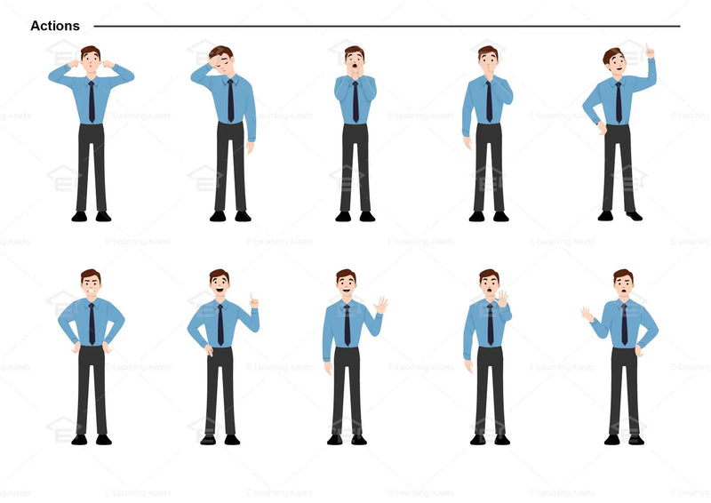 eLearning clipart of a man wearing long sleeve shirt and a tie. It can be used in business, office, and workplace settings. This sheet shows the character doing various actions.