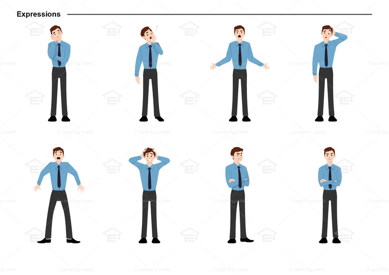 eLearning clipart of a man wearing long sleeve shirt and a tie. It can be used in business, office, and workplace settings.  This sheet shows the character displaying various expressions.