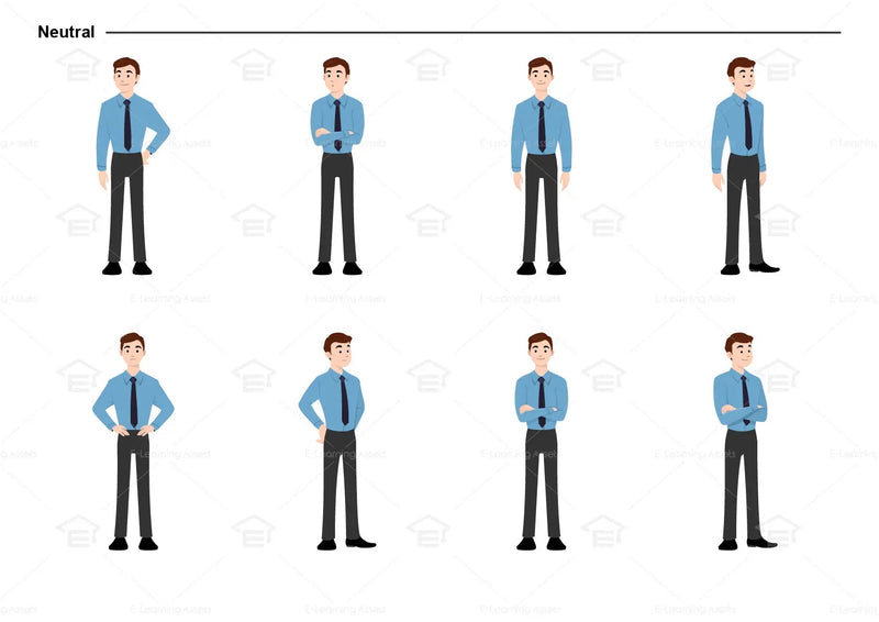 eLearning clipart of a man wearing long sleeve shirt and a tie. It can be used in business, office, and workplace settings. This sheet shows the character in various neutral poses.