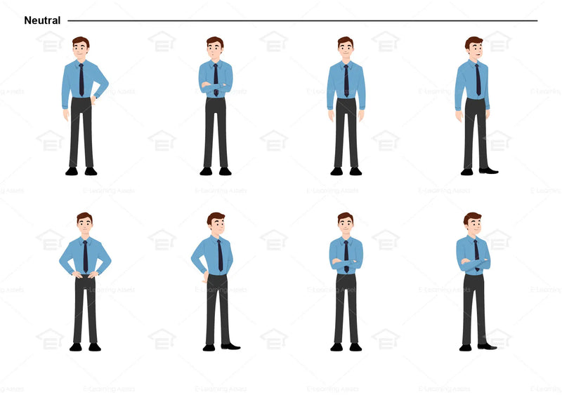 eLearning clipart of a man wearing long sleeve shirt and a tie. It can be used in business, office, and workplace settings.  This sheet shows the character in various neutral poses.