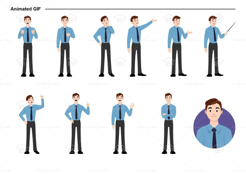 eLearning clipart of a man wearing long sleeve shirt and a tie. It can be used in business, office, and workplace settings. This sheet shows animated poses: Thumb up, thumbs down, thinking, presenting, pointing, remembering, aha, waving, standing with folded arms, and transitioning colors.