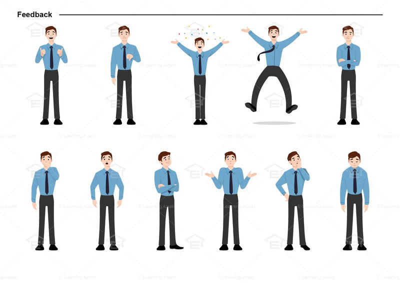 eLearning clipart of a man wearing long sleeve shirt and a tie. It can be used in business, office, and other workplace settings.  This sheet shows the character displaying various poses for providing feedback.