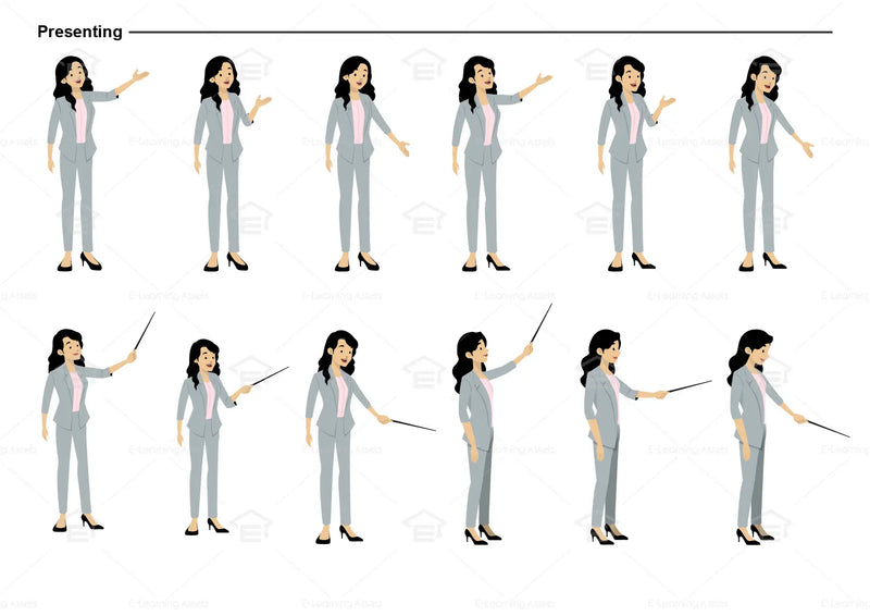 eLearning clipart of a woman with black hair wearing a blazer. It can be used in business, office, education, or other workplace settings.   This sheet shows the character displaying various poses for presenting.