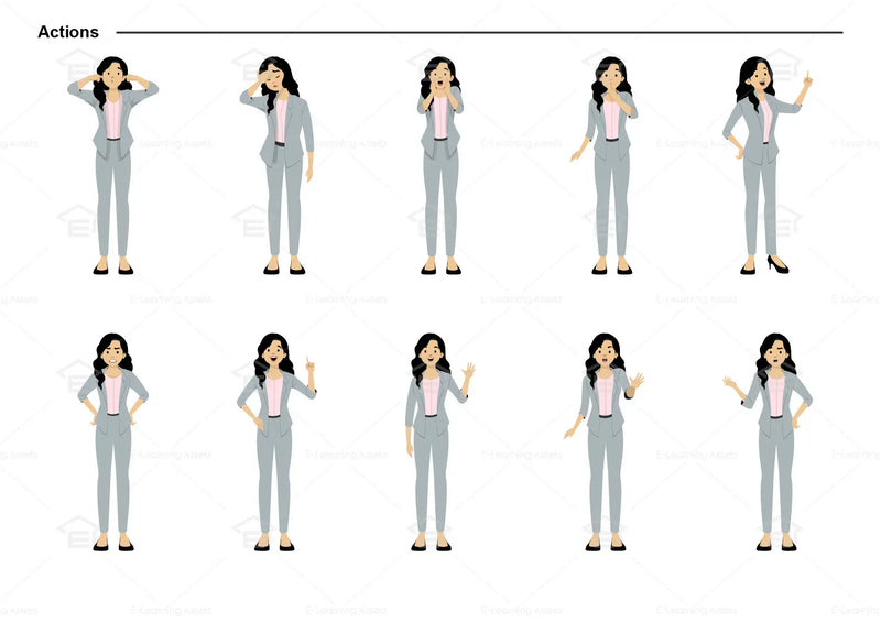 eLearning clipart of a woman with black hair wearing a blazer. It can be used in business, office, education, or other workplace settings.   This sheet shows the character doing various actions.