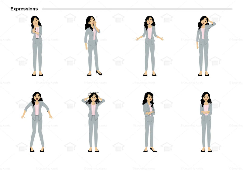 eLearning clipart of a woman with black hair wearing a blazer. It can be used in business, office, education, or other workplace settings.   This sheet shows the character displaying various expressions.