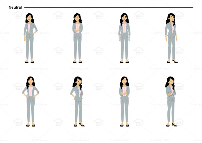 eLearning clipart of a woman with black hair wearing a blazer. It can be used in business, office, education, or other workplace settings.   This sheet shows the character in various neutral poses.