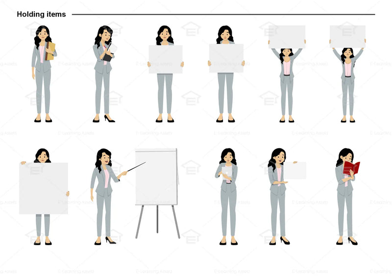 eLearning clipart of a woman with black hair wearing a blazer. It can be used in business, office, education, or other workplace settings.   This sheet shows the character in various poses holding different items.