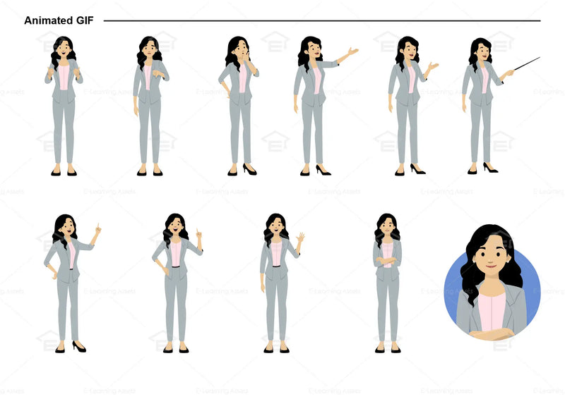 eLearning clipart of a woman with black hair wearing a blazer. It can be used in business, office, education, or other workplace settings.   This sheet shows animated poses: Thumb up, thumbs down, thinking, presenting, pointing, remembering, aha, waving, standing with folded arms, and transitioning colors.