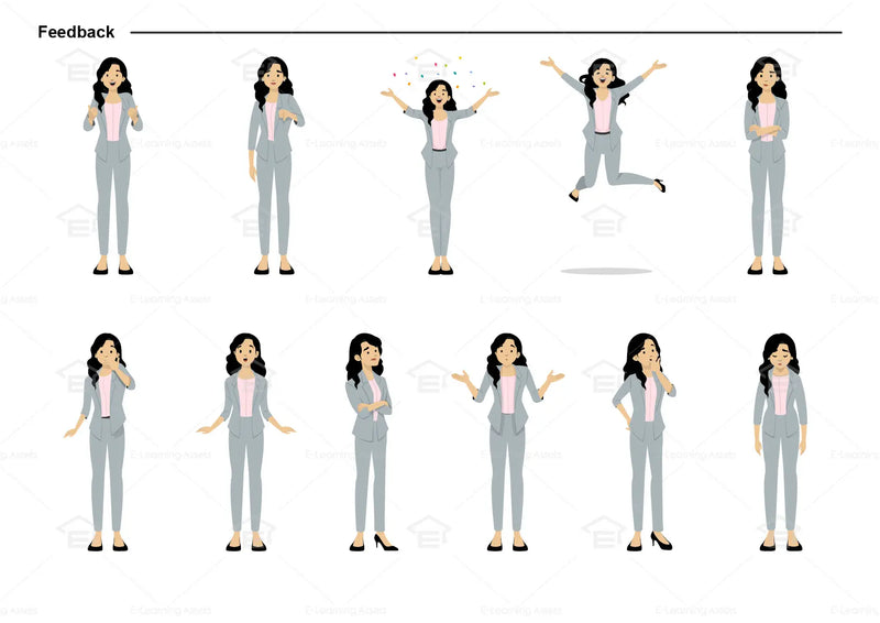 eLearning clipart of a woman with black hair wearing a blazer. It can be used in business, office, education, or other workplace settings.   This sheet shows the character displaying various poses for providing feedback.