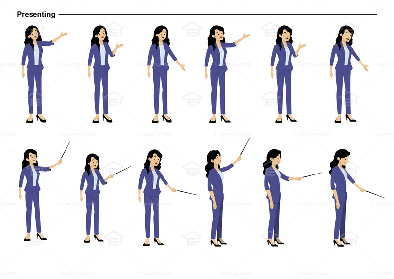 eLearning clipart of a woman with black hair wearing a blazer. It can be used in business, office, education, or other workplace settings.   This sheet shows the character displaying various poses for presenting.