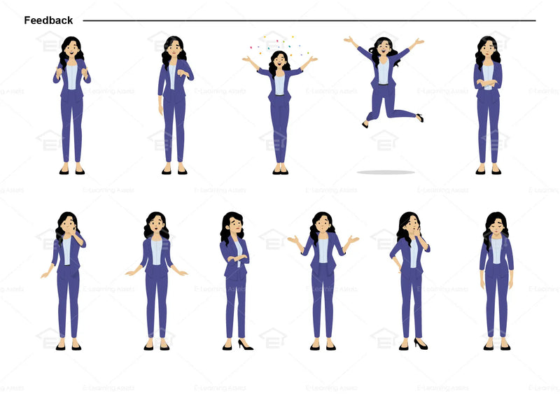 eLearning clipart of a woman with black hair wearing a blazer. It can be used in business, office, education, or other workplace settings.   This sheet shows the character displaying various poses for providing feedback.