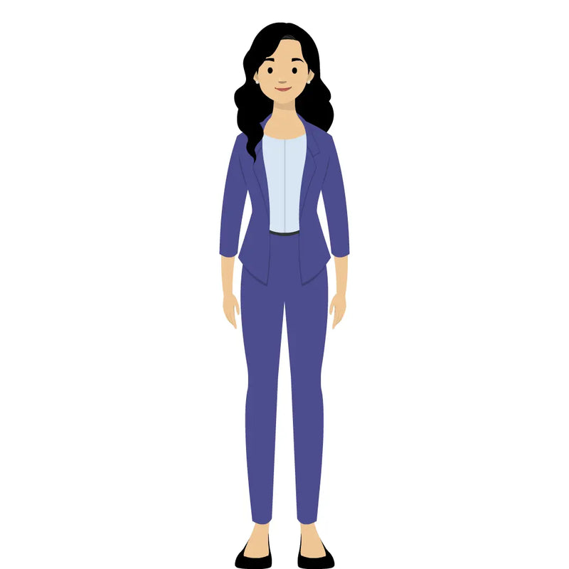 eLearning clipart of a woman with black hair wearing a blazer. It can be used in business, office, education, or other workplace settings.   The character set comes in Storyline, SVG, PNG, and GIF formats.