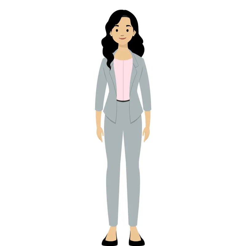 eLearning clipart of a woman with black hair wearing a blazer. It can be used in business, office, education, or other workplace settings.   The character set comes in Storyline, SVG, PNG, and GIF formats.