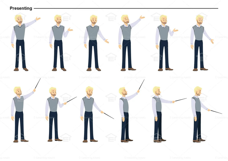 eLearning clipart of a man with a beard wearing a vest. It can be used in business, office, and other workplace settings.  This sheet shows the character displaying various poses for presenting.
