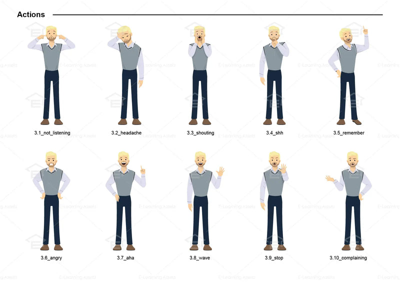 eLearning clipart of a man with a beard wearing a vest. It can be used in business, office, and other workplace settings.  This sheet shows the character doing various actions.