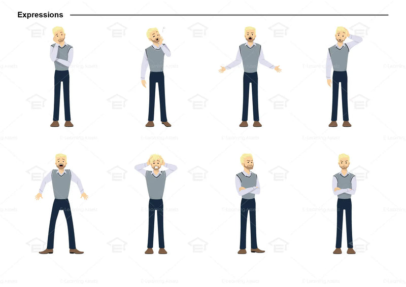 eLearning clipart of a man with a beard wearing a vest. It can be used in business, office, and other workplace settings.  This sheet shows the character displaying various expressions.