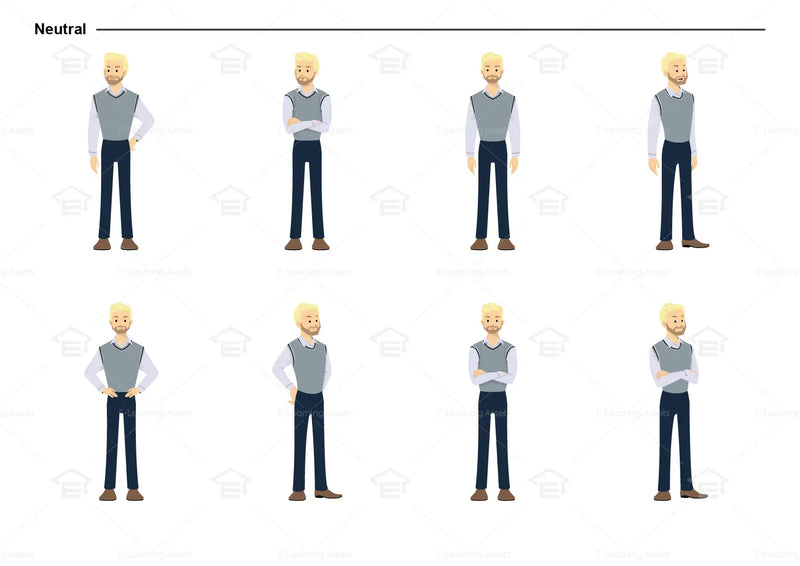 This sheet shows the character in various neutral poses.