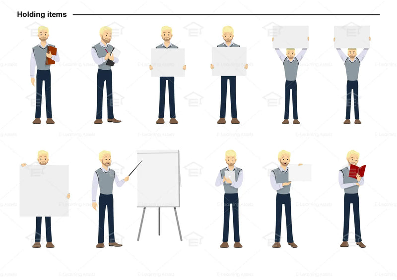eLearning clipart of a man with a beard wearing a vest. It can be used in business, office, and other workplace settings.  This sheet shows the character in various poses holding different items.
