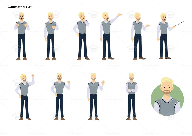 eLearning clipart of a man with a beard wearing a vest. It can be used in business, office, and other workplace settings.  This sheet shows animated poses: Thumb up, thumbs down, thinking, presenting, pointing, remembering, aha, waving, standing with folded arms, and transitioning colors.
