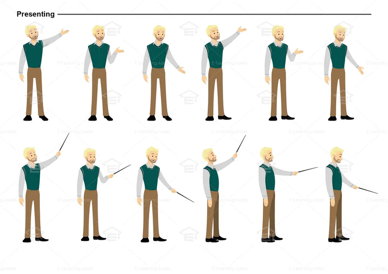 eLearning clipart of a man with a beard wearing a vest. It can be used in business, office, and other workplace settings.  This sheet shows the character displaying various poses for presenting.