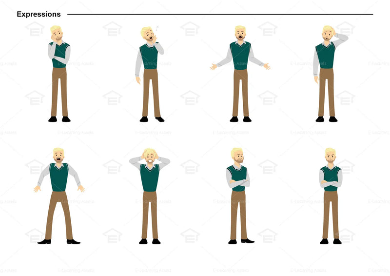 eLearning clipart of a man with a beard wearing a vest. It can be used in business, office, and other workplace settings.  This sheet shows the character displaying various expressions.