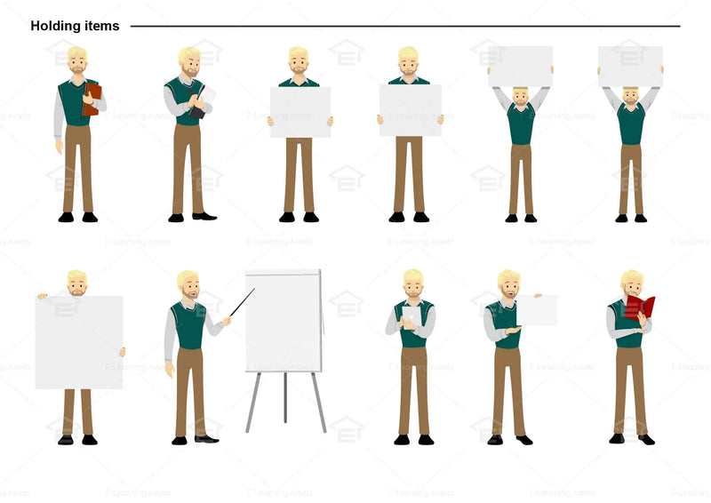 eLearning clipart of a man with a beard wearing a vest. It can be used in business, office, and other workplace settings.  This sheet shows the character in various poses holding different items.