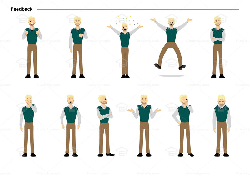 eLearning clipart of a man with a beard wearing a vest. It can be used in business, office, and other workplace settings.  This sheet shows the character displaying various poses for providing feedback.