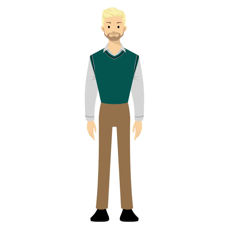 eLearning clipart of a man with a beard wearing a vest. It can be used in business, office, and other workplace settings. The character set comes in Storyline, SVG, PNG, and GIF formats.