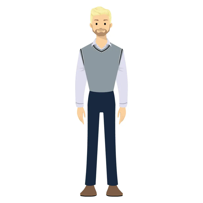 eLearning clipart of a man with a beard wearing a vest. It can be used in business, office, and other workplace settings. The character set comes in Storyline, SVG, PNG, and GIF formats.