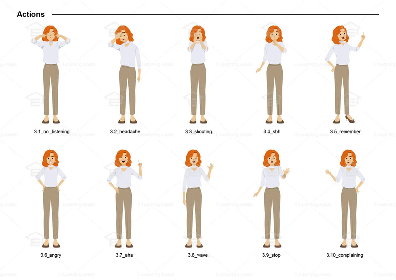 eLearning clipart of a woman wearing a smart casual top and long pants. It can be used in business, office, education, or other workplace settings. This sheet shows the character doing various actions.