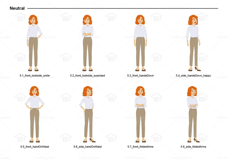 eLearning clipart of a woman wearing a smart casual top and long pants. It can be used in business, office, education, or other workplace settings. This sheet shows the character in various neutral poses.