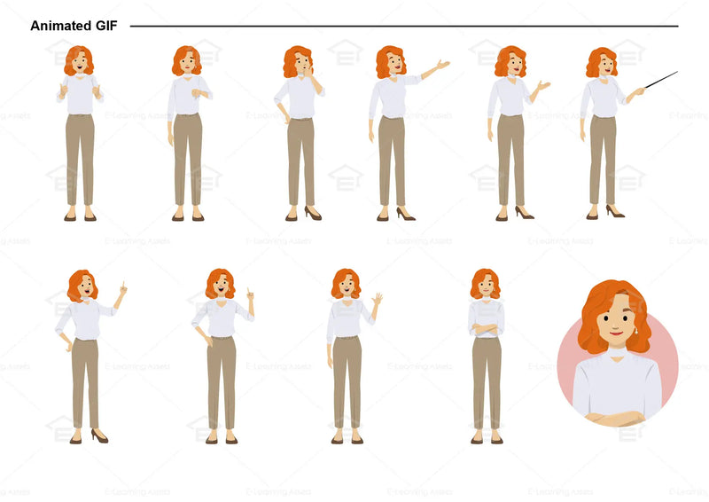 eLearning clipart of a woman wearing a smart casual top and long pants. It can be used in business, office, education, or other workplace settings. This sheet shows animated poses: Thumb up, thumbs down, thinking, presenting, pointing, remembering, aha, waving, standing with folded arms, and transitioning colors.