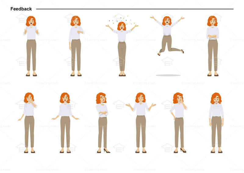 eLearning clipart of a woman wearing a smart casual top and long pants. It can be used in business, office, education, or other workplace settings. This sheet shows the character displaying various poses for providing feedback.