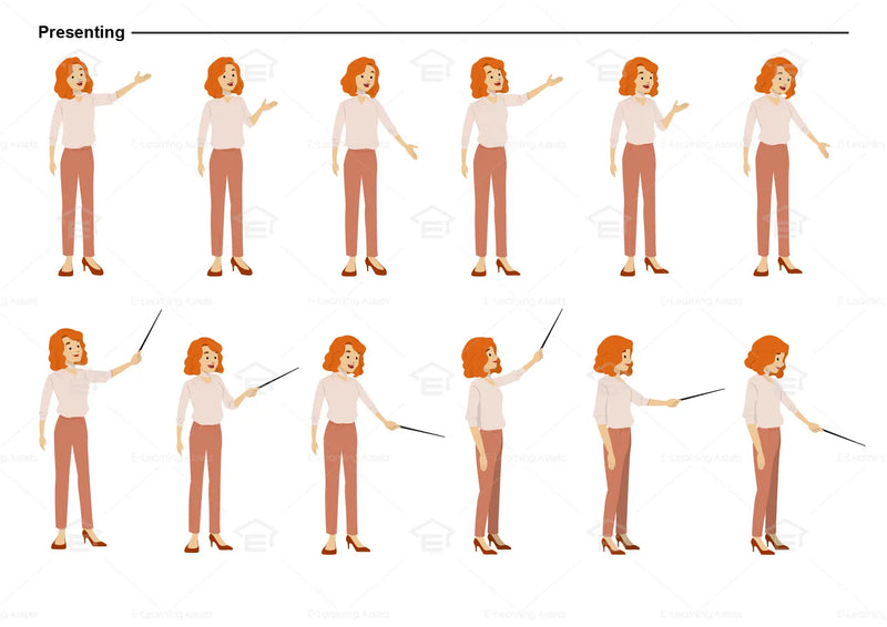 eLearning clipart of a woman wearing a smart casual top and long pants. It can be used in business, office, education, or other workplace settings. This sheet shows the character displaying various poses for presenting.