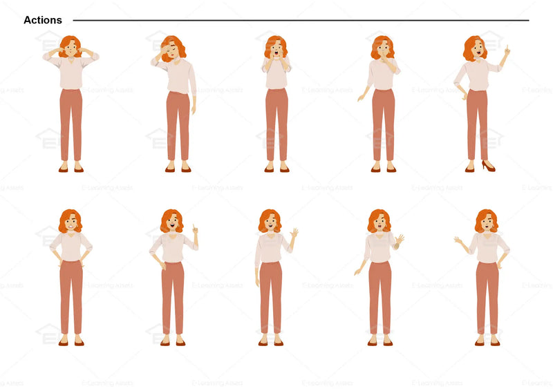 eLearning clipart of a woman wearing a smart casual top and long pants. It can be used in business, office, education, or other workplace settings. This sheet shows the character doing various actions.