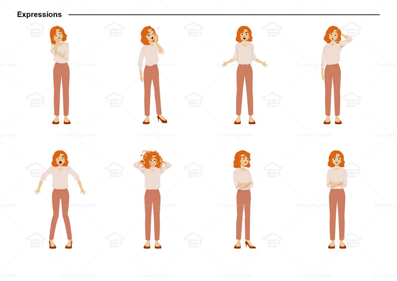 eLearning clipart of a woman wearing a smart casual top and long pants. It can be used in business, office, education, or other workplace settings. This sheet shows the character displaying various expressions.