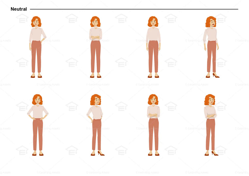 eLearning clipart of a woman wearing a smart casual top and long pants. It can be used in business, office, education, or other workplace settings. This sheet shows the character in various neutral poses.