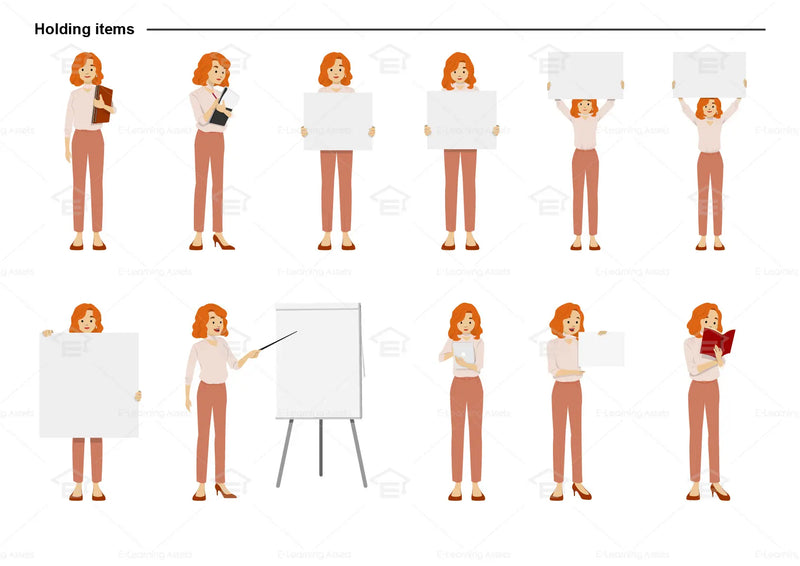 eLearning clipart of a woman wearing a smart casual top and long pants. It can be used in business, office, education, or other workplace settings. This sheet shows the character in various poses holding different items.