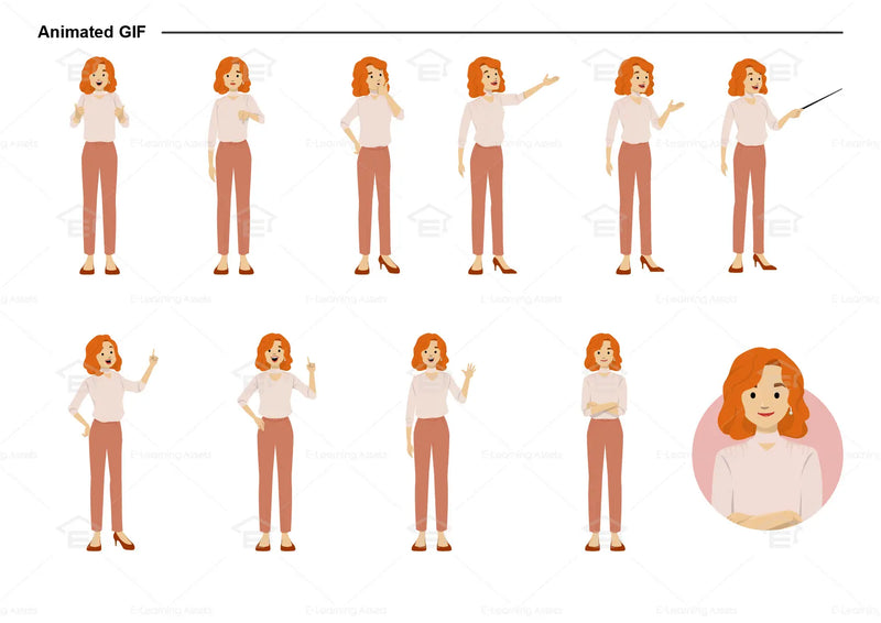 eLearning clipart of a woman wearing a smart casual top and long pants. It can be used in business, office, education, or other workplace settings. This sheet shows animated poses: Thumb up, thumbs down, thinking, presenting, pointing, remembering, aha, waving, standing with folded arms, and transitioning colors.